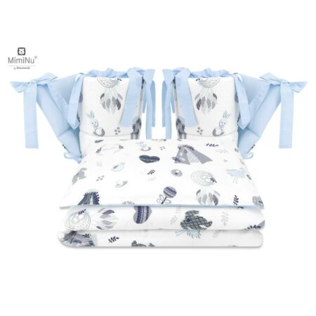 Lenjerie de pat 4 piese pentru pat 120x60 cm, cu două protecții laterale, Bumbac, MimiNu, Baby Shower Blue