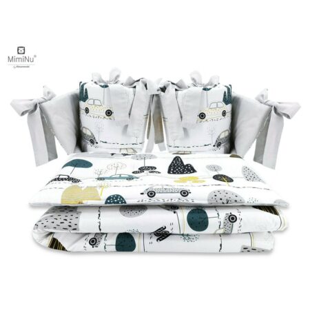 Lenjerie de pat 4 piese pentru pat 120x60 cm, cu două protecții laterale, Bumbac, MimiNu, Childrens Journey Grey