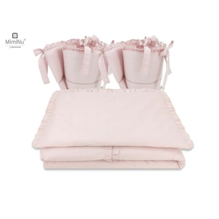 Lenjerie de pat 4 piese pentru pat 120×60 cm, cu două protecții laterale, Bumbac, MimiNu, Colectia Royal, Powder Pink