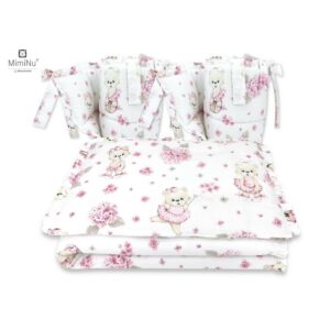 Lenjerie de pat 4 piese pentru pat 120x60 cm, cu două protecții laterale, Bumbac, MimiNu, Pink Ballerina