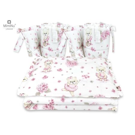 Lenjerie de pat 4 piese pentru pat 120x60 cm, cu două protecții laterale, Bumbac, MimiNu, Pink Ballerina