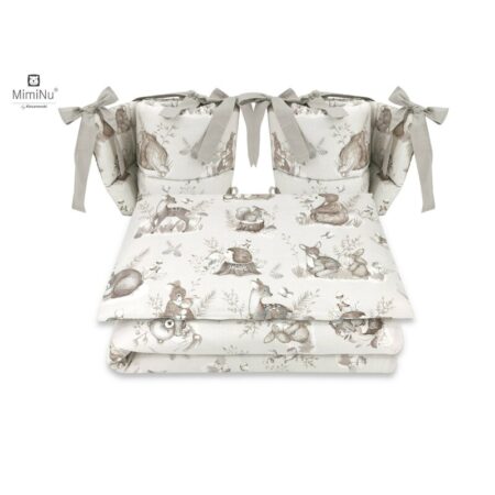 Lenjerie de pat 4 piese pentru pat 120x60 cm, cu două protecții laterale, Bumbac, MimiNu, Calm Forest Beige