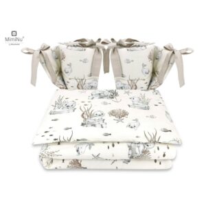 Lenjerie de pat 4 piese pentru pat 120x60 cm, cu două protecții laterale, Bumbac, MimiNu, Seal Beige