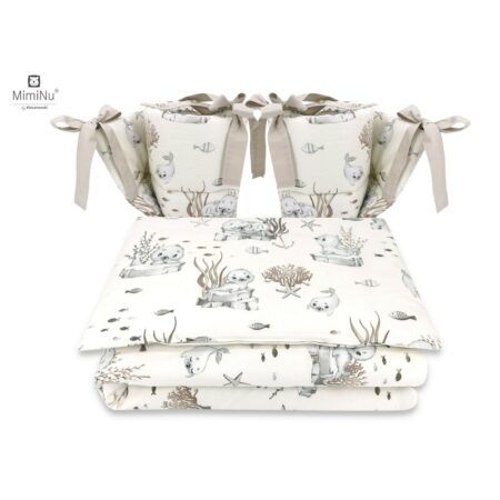 Lenjerie de pat 4 piese pentru pat 120x60 cm, cu două protecții laterale, Bumbac, MimiNu, Seal Beige