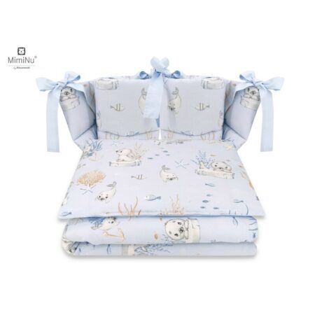 Lenjerie de pat 4 piese pentru pat 120x60 cm, cu două protecții laterale, Bumbac, MimiNu, Seal Blue