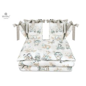 Lenjerie de pat 4 piese pentru pat 120x60 cm, cu două protecții laterale, Bumbac, MimiNu, Zoo on Bikes Nugat