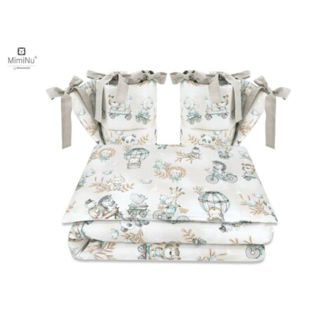 Lenjerie de pat 4 piese pentru pat 120x60 cm, cu două protecții laterale, Bumbac, MimiNu, Zoo on Bikes Nugat
