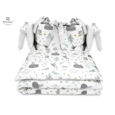Lenjerie de pat 4 piese pentru pat 120x60 cm, cu două protecții laterale, Bumbac, MimiNu, Forest Friends Mint