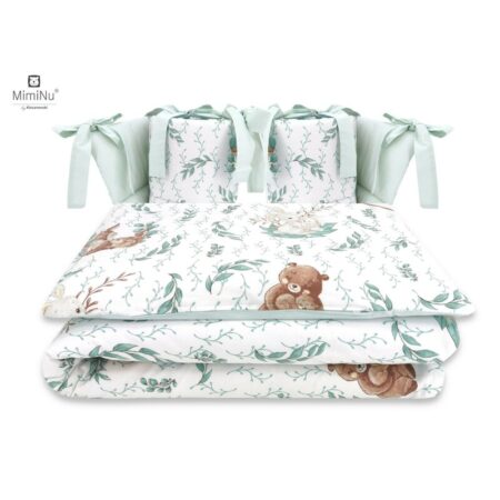 Lenjerie de pat 4 piese pentru pat 120x60 cm, cu două protecții laterale, Bumbac, MimiNu, Lulu Natural