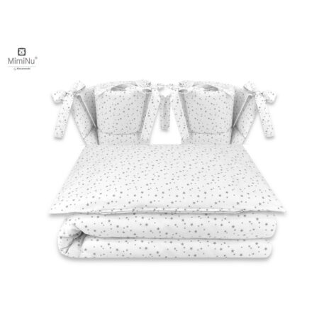 Lenjerie de pat 4 piese pentru pat 120x60 cm, cu două protecții laterale, Bumbac, MimiNu, Mini Gray Stars