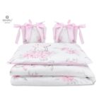 Lenjerie de pat 4 piese pentru pat 120x60 cm, cu două protecții laterale, Bumbac, MimiNu, Peonie Pink