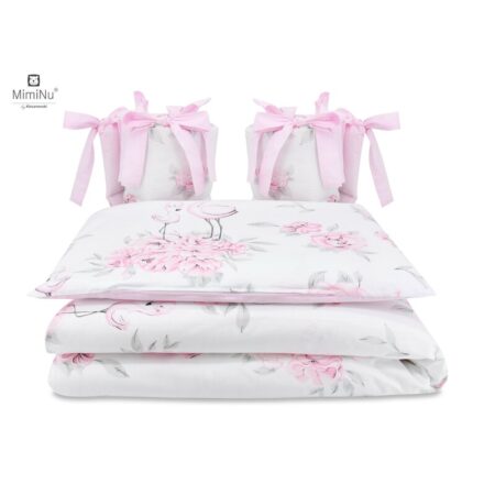 Lenjerie de pat 4 piese pentru pat 120x60 cm, cu două protecții laterale, Bumbac, MimiNu, Peonie Pink