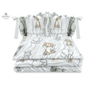 Lenjerie de pat 4 piese pentru pat 120x60 cm, cu două protecții laterale, Bumbac, MimiNu, Safari Natural