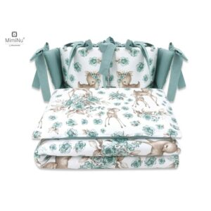 Lenjerie de pat 4 piese pentru pat 120x60 cm, cu două protecții laterale, Bumbac, MimiNu, Sweet Deer Mint