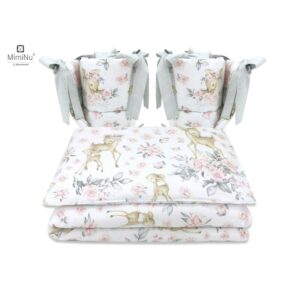 Lenjerie de pat 4 piese pentru pat 120x60 cm, cu două protecții laterale, Bumbac, MimiNu, Sweet Deer Pink