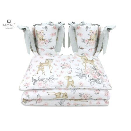 Lenjerie de pat 4 piese pentru pat 120x60 cm, cu două protecții laterale, Bumbac, Sweet Deer Pink