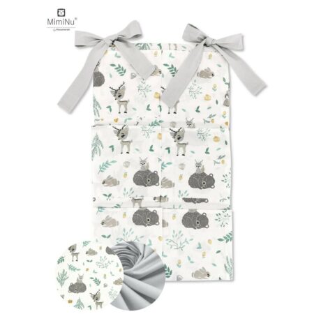 Organizator pentru pătuț cu 6 compartimente, 70x40 cm, Bumbac, MimiNu, Forest friends Grey/Mint