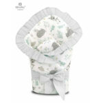 Păturică de înfășat multifuncțională cu volănașe, 75x75 cm, Panglică și arici velcro, MimiNu, Forest Friends Mint/Gray