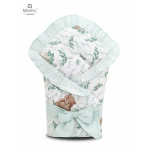 Păturică de înfășat multifuncțională cu volănașe, 75x75 cm, Panglică și arici velcro, MimiNu, Lulu Natural/Mint