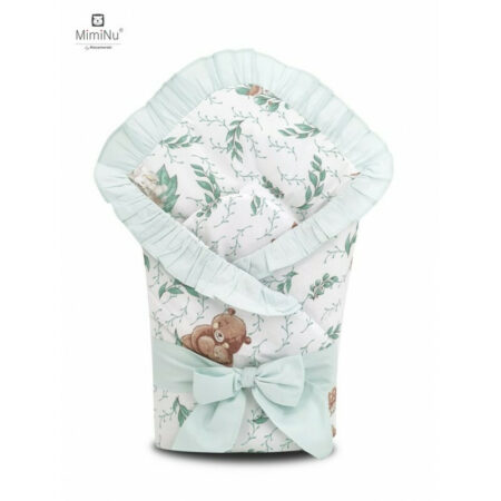 Păturică de înfășat multifuncțională cu volănașe, 75x75 cm, Panglică și arici velcro, MimiNu, Lulu Natural/Mint