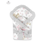 Păturică de înfășat multifuncțională cu volănașe, 75x75 cm, Panglică și arici velcro, MimiNu, Sweet Deer Pink/Grey