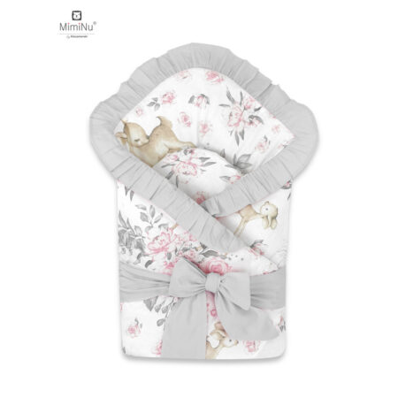 Păturică de înfășat multifuncțională cu volănașe, 75x75 cm, Panglică și arici velcro, MimiNu, Sweet Deer Pink/Grey