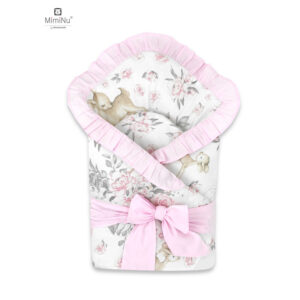 Păturică de înfășat multifuncțională cu volănașe, 75x75 cm, Panglică și arici velcro, MimiNu, Sweet Deer Pink/Pink