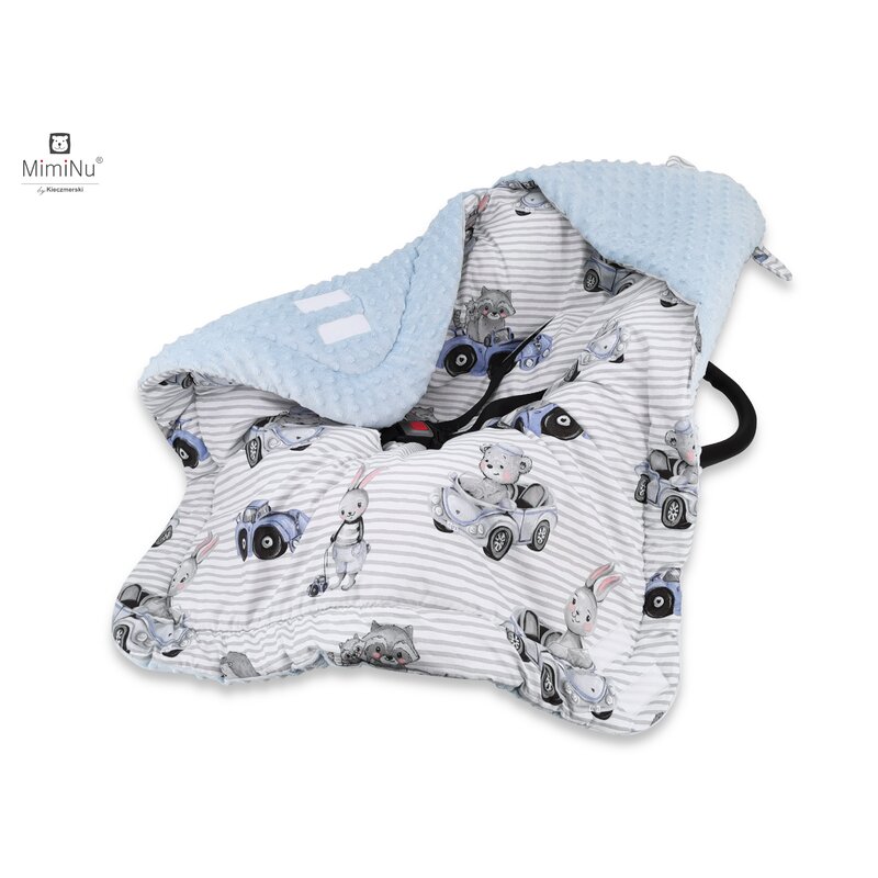 Păturică de înfășat cu glugă, 90×90 cm, Arici Velcro, Minky + Bumbac, MimiNu, Old Road Blue