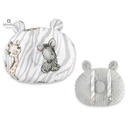 Pernă bebeluș cu două fețe din catifea și bumbac, MimiNu, Minky Grey/ Safari Natural