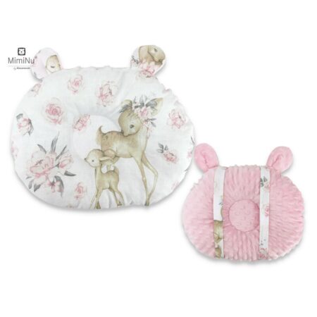 Pernă bebeluș cu două fețe din catifea și bumbac, MimiNu, Minky Pink/ Sweet Deer Pink