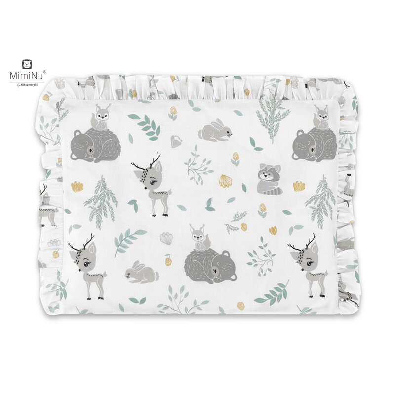 Pernă pentru bebeluși 30x40 cm, Cu volănașe, Cu husă detașabilă, Bumbac, MimiNu, Forest Friends Mint