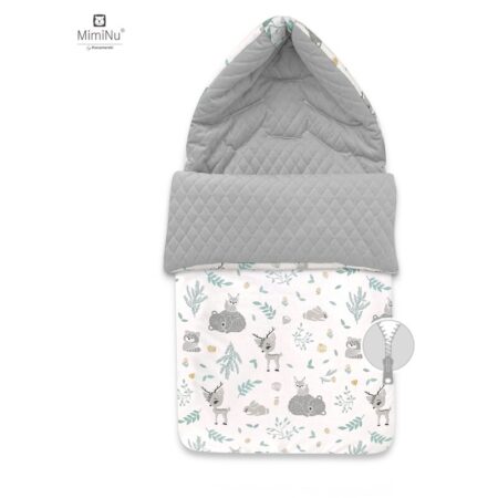 Sac de iarnă impermeabil cu fermoar și glugă, 94x45 cm, MimiNu, Forest friends Mint/Velvet Grey
