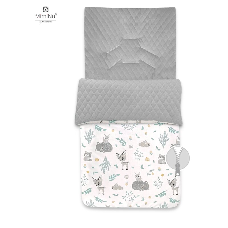 Sac de iarnă impermeabil cu fermoar și glugă, 94x45 cm, MimiNu, Forest friends Mint/Velvet Grey - Image 3