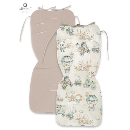 Saltea pentru cărucior, reversibilă, 78 x 34 cm, din catifea și bumbac, MimiNu, Zoo on Bikes Nugat/Beige