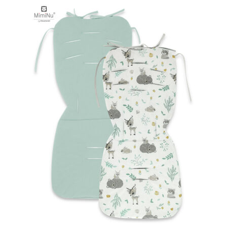 Saltea pentru cărucior, reversibilă, 78 x 34 cm, din catifea și bumbac, MimiNu, Forest Friends Mint/Cold Mint