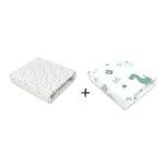 Set 2 cearceafuri cu elastic, MimiNu, 90x40 cm, Dino Mentă and Mini Stars Gri