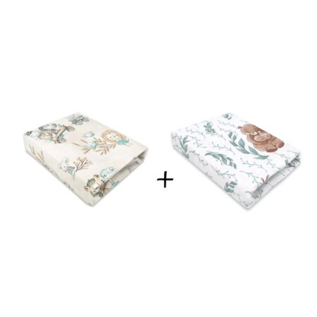 Set 2 cearceafuri cu elastic, MimiNu, 90 x 40 cm, Zoo on Bikes Nugat and Lulu Natural