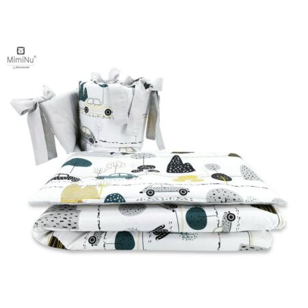 Lenjerie pătuț cu 3 piese pentru pat 120x60 cm, cu protecție laterală, MimiNu, Childrens Journey Grey