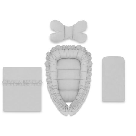 Set babynest 4 piese cu păturică, salteluță și pernă fluture, MimiNu, Colectia Royal, Grey