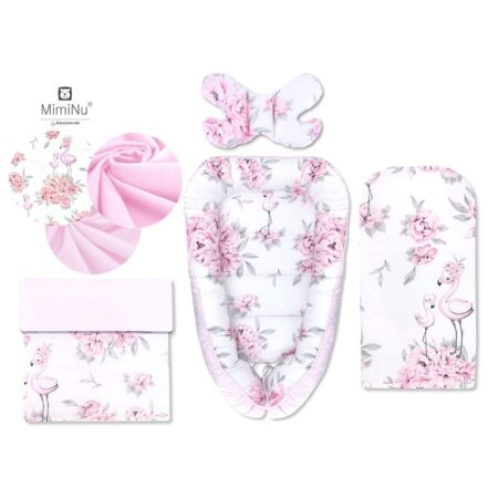 Set Babynest 4 în 1 Babynest, Saltea, Păturică și Pernă MimiNu, Peonie Pink
