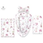 Set babynest 4 piese cu păturică, salteluță și pernă fluture, MimiNu, Pink Ballerina