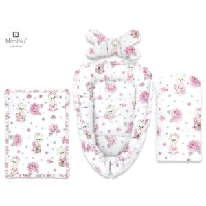 Set babynest 4 piese cu păturică, salteluță și pernă fluture, MimiNu, Pink Ballerina