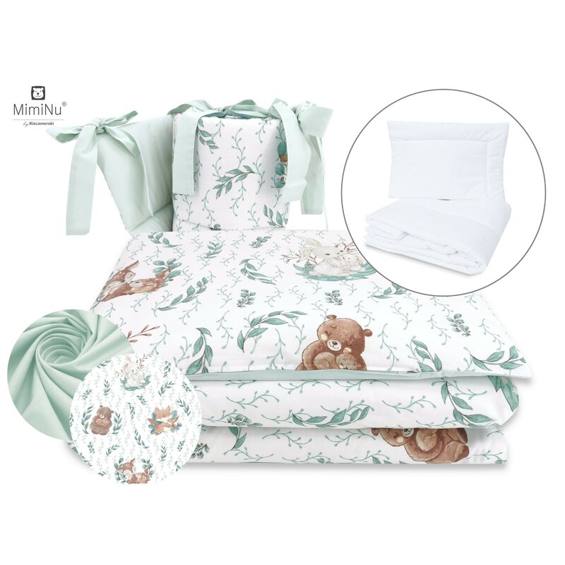 Lenjerie pătuț cu 5 piese, pentru pat 120x60 cm, cu pilotă și pernă, MimiNu, Lulu Natural