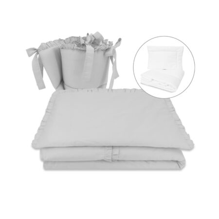 Lenjerie pătuț cu 5 piese pentru pat 120×60 cm, cu pilotă, pernă și apărătoare laterală, Bumbac, MimiNu, Colectia Royal, Grey