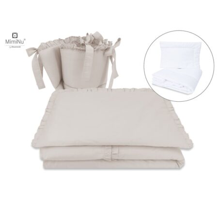 Lenjerie pătuț 5 piese cu pilotă, pernă și apărătoare laterală din bumbac, 120×60 cm, MimiNu, Colectia Royal, Beige