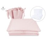 Lenjerie pătuț 5 piese cu pilotă, pernă și apărătoare laterală din bumbac, 120×60 cm, MimiNu, Colectia Royal, Powder Pink
