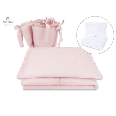 Lenjerie pătuț 5 piese cu pilotă, pernă și apărătoare laterală din bumbac, 120×60 cm, MimiNu, Colectia Royal, Powder Pink