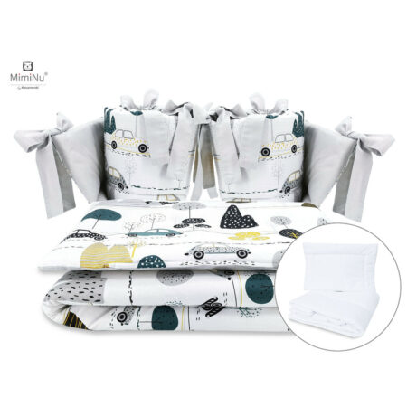 Lenjerie pătuț cu 6 piese, pentru pat 120×60 cm, cu pilotă, pernă și 2 apărători laterale, MimiNu, Childrens Journey Grey