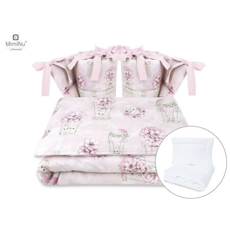 Lenjerie pătuț cu 6 piese, pentru pat 120×60 cm, cu pilotă, pernă și 2 apărători laterale, MimiNu, Awesome Bunnies