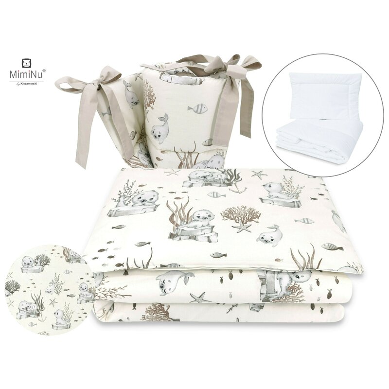 Lenjerie pătuț cu 6 piese pentru pat 120×60 cm, cu pilotă și pernă, apărători laterale, Bumbac, MimiNu, Seal Beige - Image 2